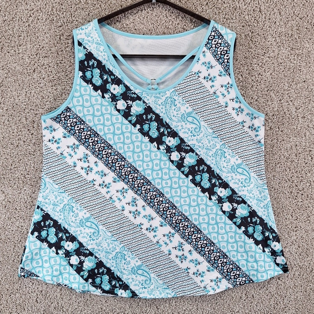 Unbranded Tank Top Women 2XL Blue Floral Paisley Diagonal Stripe Strappy Casual